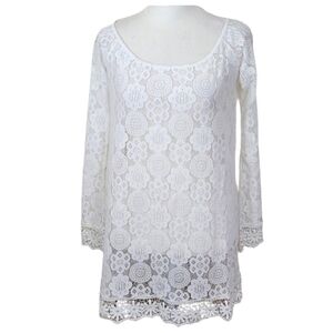 ASOS Swim Coverup White Crochet Lace Mini Dress Flared Sleeve Semi Sheer Stretch